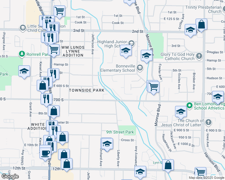 map of restaurants, bars, coffee shops, grocery stores, and more near 621 South Plum Creek Lane East in Ogden
