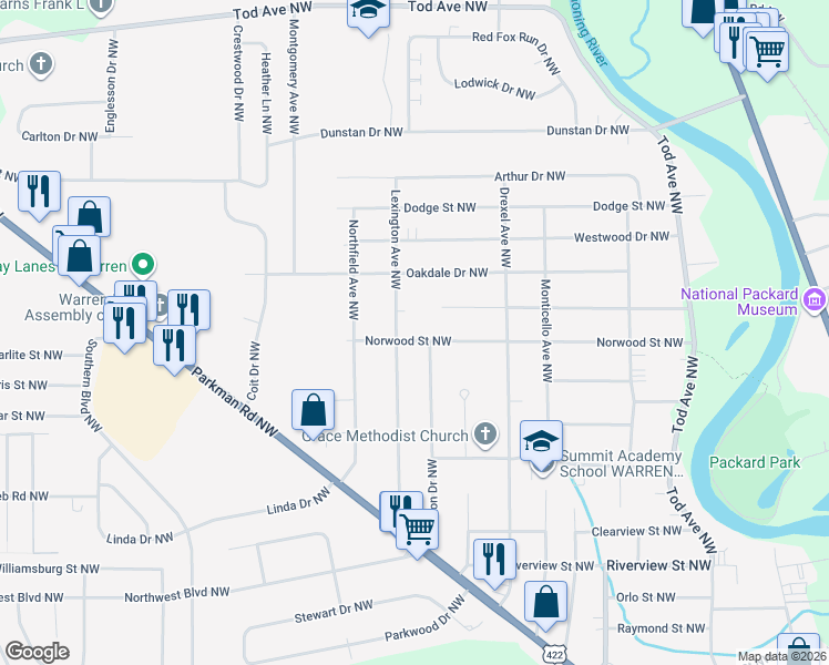 map of restaurants, bars, coffee shops, grocery stores, and more near 1784 Norwood Street Northwest in Warren