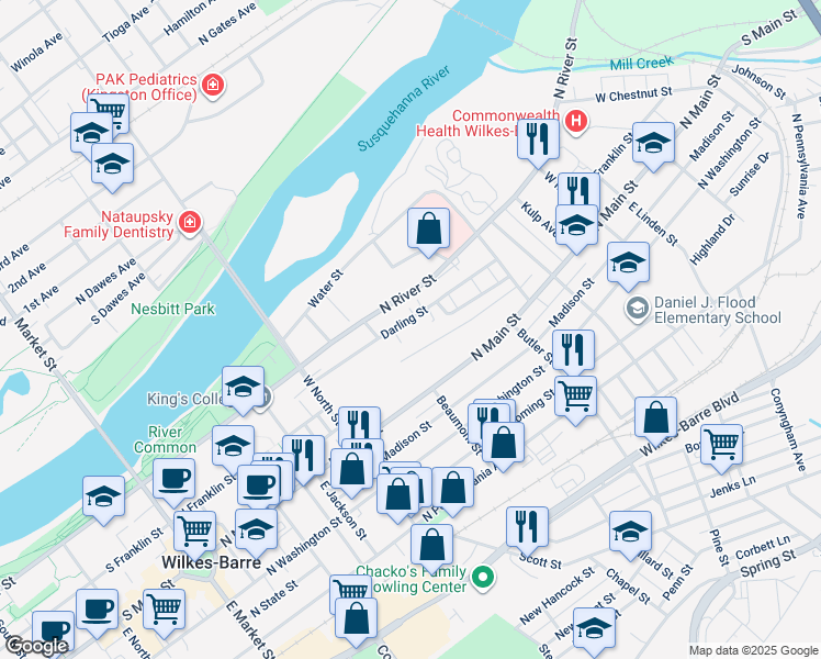 map of restaurants, bars, coffee shops, grocery stores, and more near 119 Darling Street in Wilkes-Barre