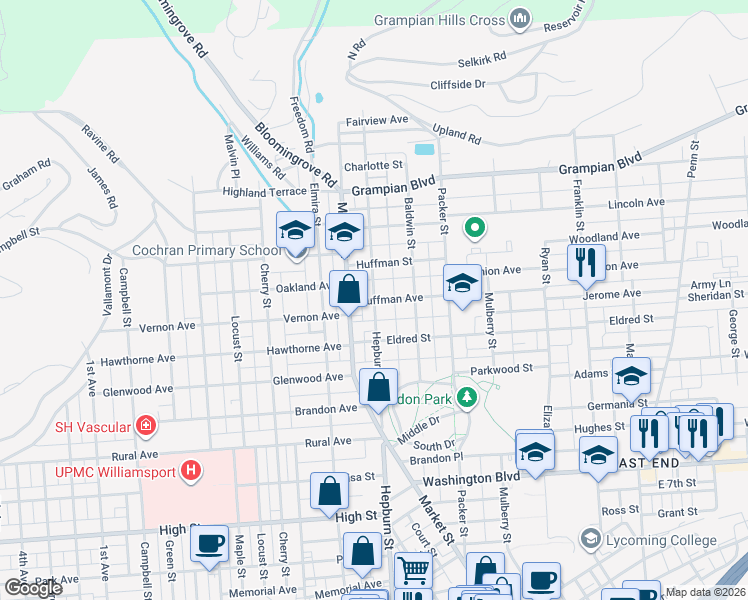 map of restaurants, bars, coffee shops, grocery stores, and more near 17 Huffman Avenue in Williamsport