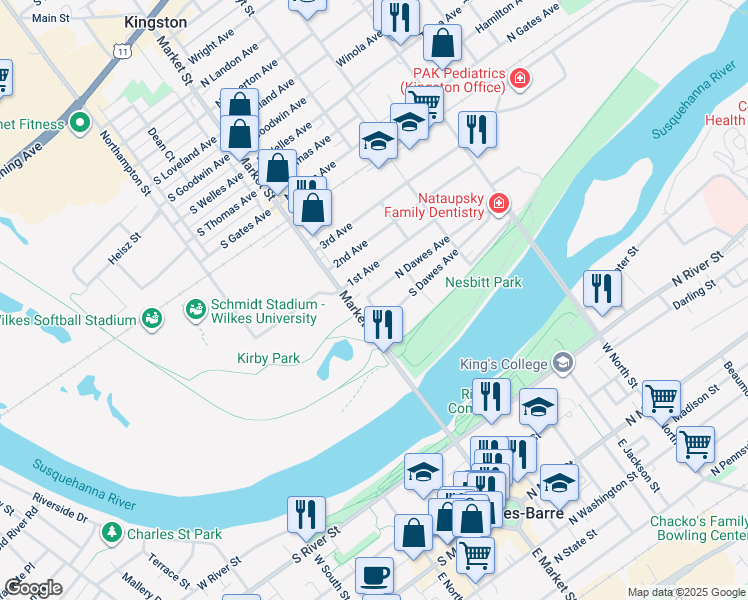 map of restaurants, bars, coffee shops, grocery stores, and more near 28 North Dawes Avenue in Kingston
