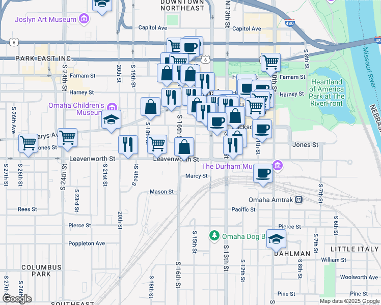 map of restaurants, bars, coffee shops, grocery stores, and more near 714 South 15th Street in Omaha