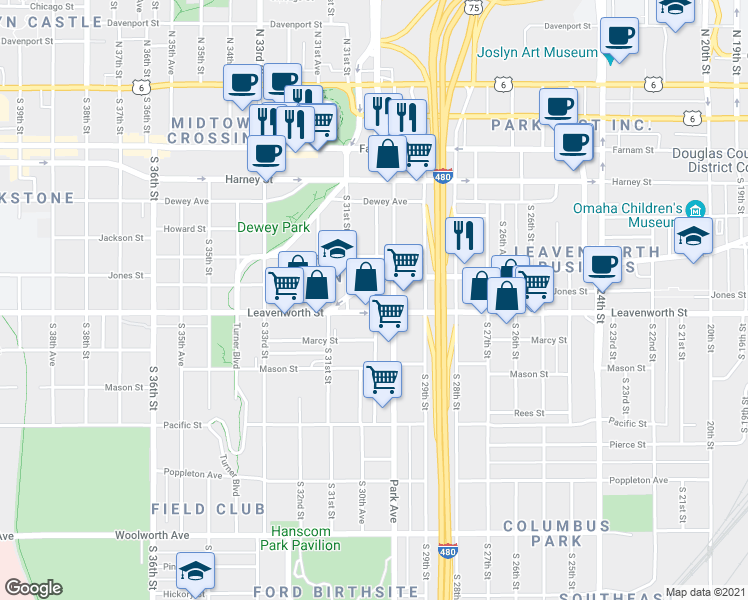 map of restaurants, bars, coffee shops, grocery stores, and more near 709 South 30th Street in Omaha