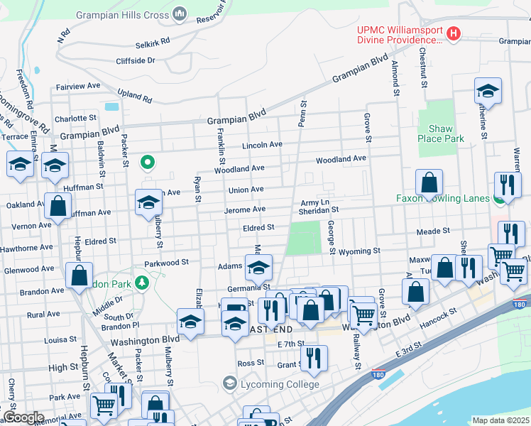 map of restaurants, bars, coffee shops, grocery stores, and more near 301-343 Jerome Avenue in Williamsport