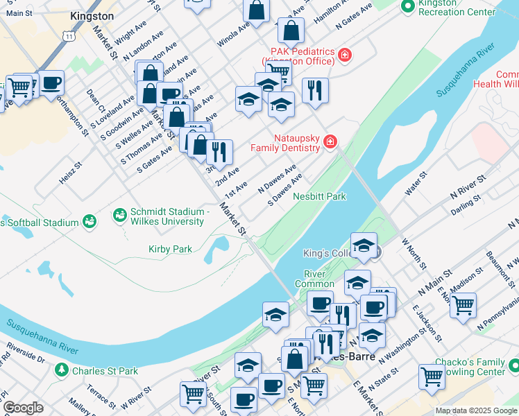 map of restaurants, bars, coffee shops, grocery stores, and more near 39 South Dawes Avenue in Kingston
