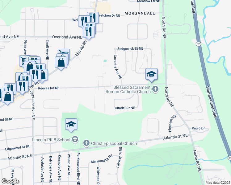 map of restaurants, bars, coffee shops, grocery stores, and more near 1590 Stafford Drive Northeast in Warren
