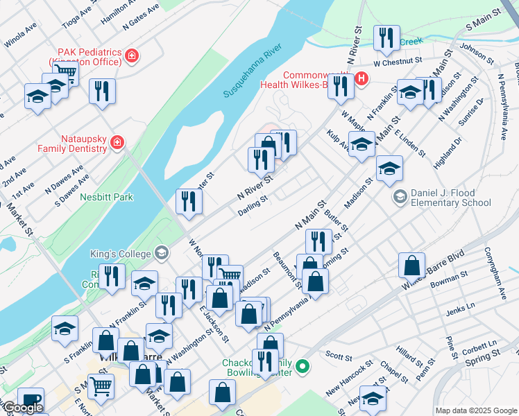 map of restaurants, bars, coffee shops, grocery stores, and more near 125 Darling Street in Wilkes-Barre