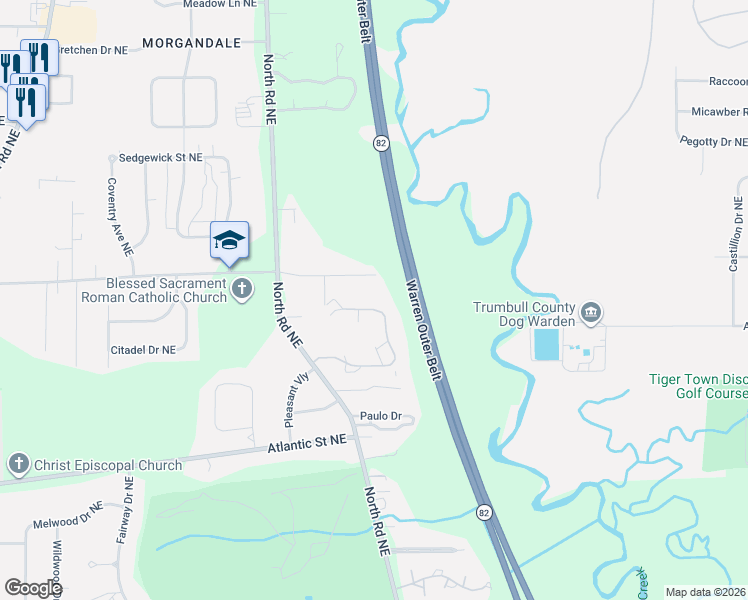 map of restaurants, bars, coffee shops, grocery stores, and more near 1502 Willow Brook Drive Northeast in Warren