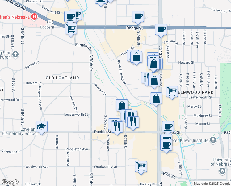 map of restaurants, bars, coffee shops, grocery stores, and more near 7520 Howard Street in Omaha