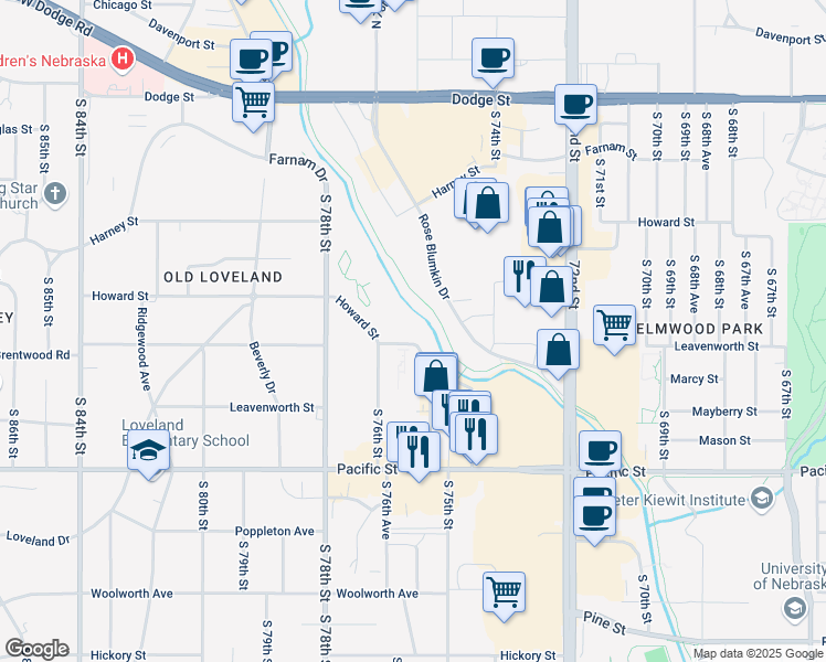 map of restaurants, bars, coffee shops, grocery stores, and more near 7520 Howard Street in Omaha