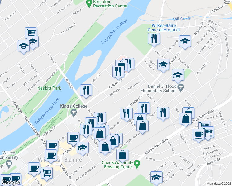 map of restaurants, bars, coffee shops, grocery stores, and more near 119 Darling Street in Wilkes-Barre
