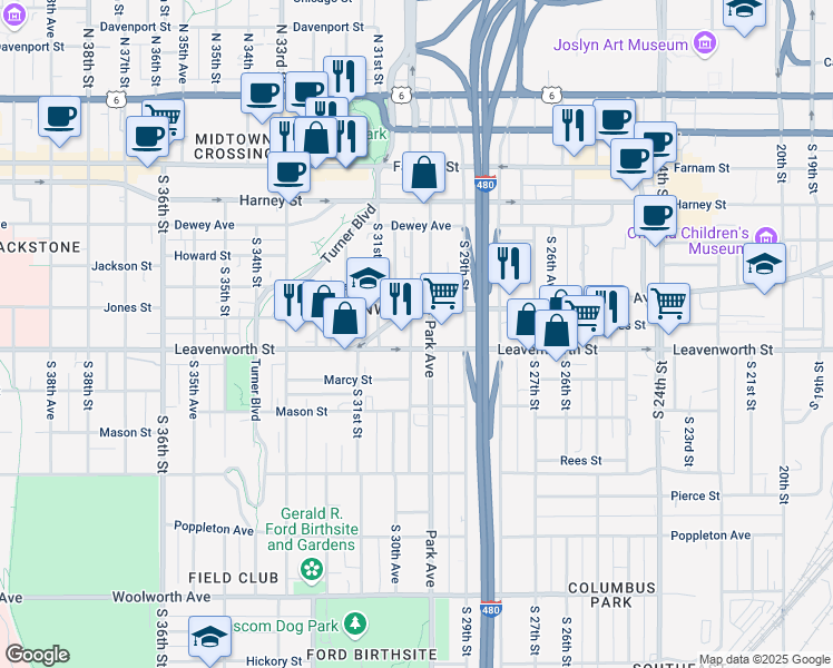 map of restaurants, bars, coffee shops, grocery stores, and more near 721 South 30th Street in Omaha