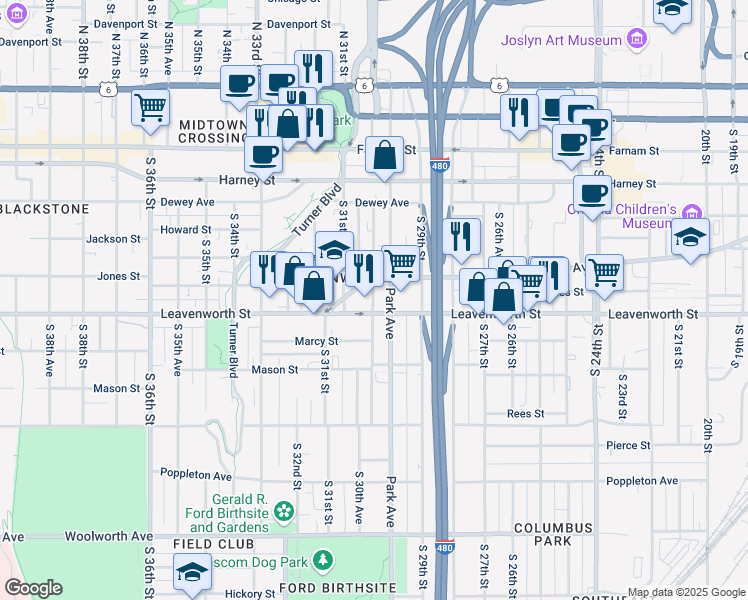 map of restaurants, bars, coffee shops, grocery stores, and more near 721 South 30th Street in Omaha
