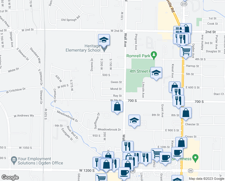 map of restaurants, bars, coffee shops, grocery stores, and more near 143 Mond Street in Ogden