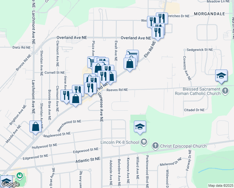 map of restaurants, bars, coffee shops, grocery stores, and more near 2100 Reeves Road Northeast in Warren