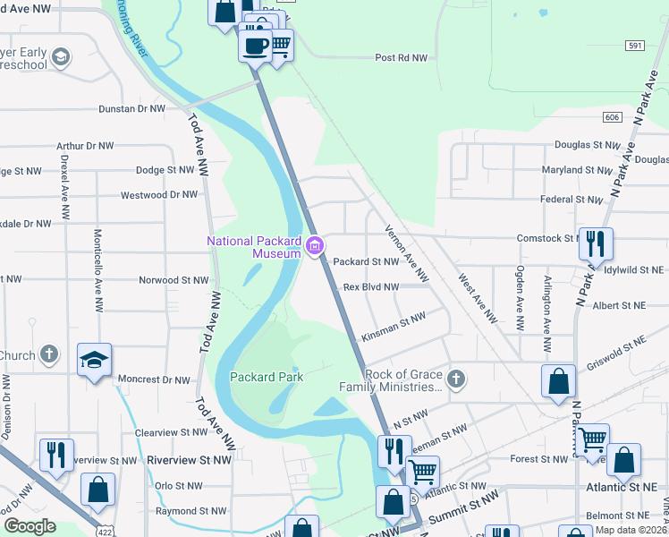 map of restaurants, bars, coffee shops, grocery stores, and more near 1899 Mahoning Avenue in Warren