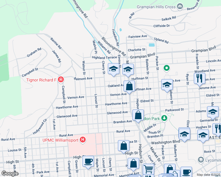 map of restaurants, bars, coffee shops, grocery stores, and more near Oakland Avenue in Williamsport