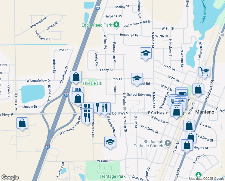 map of restaurants, bars, coffee shops, grocery stores, and more near 223 Vine Street in Manteno