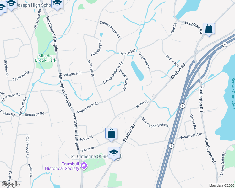 map of restaurants, bars, coffee shops, grocery stores, and more near 75 Teeter Rock Road in Trumbull