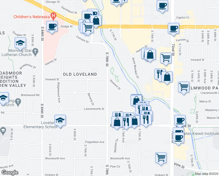 map of restaurants, bars, coffee shops, grocery stores, and more near 509 South 78th Street in Omaha