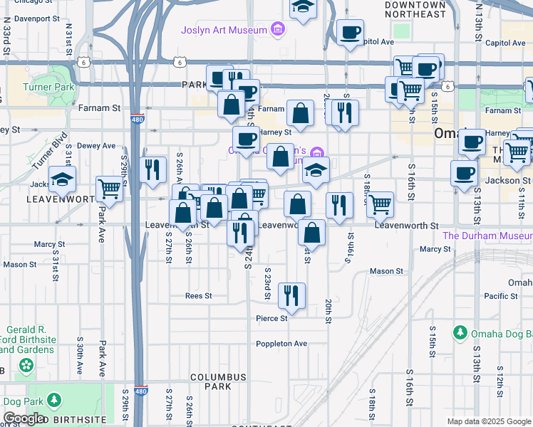 map of restaurants, bars, coffee shops, grocery stores, and more near 2221 Jones Street in Omaha