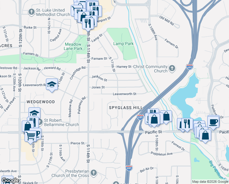 map of restaurants, bars, coffee shops, grocery stores, and more near 11106 Leavenworth Street in Omaha