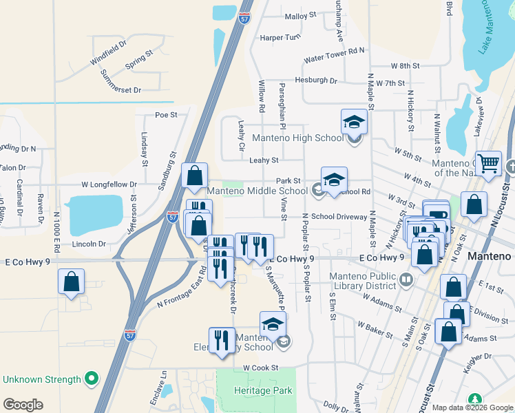 map of restaurants, bars, coffee shops, grocery stores, and more near 221 Willow Road in Manteno
