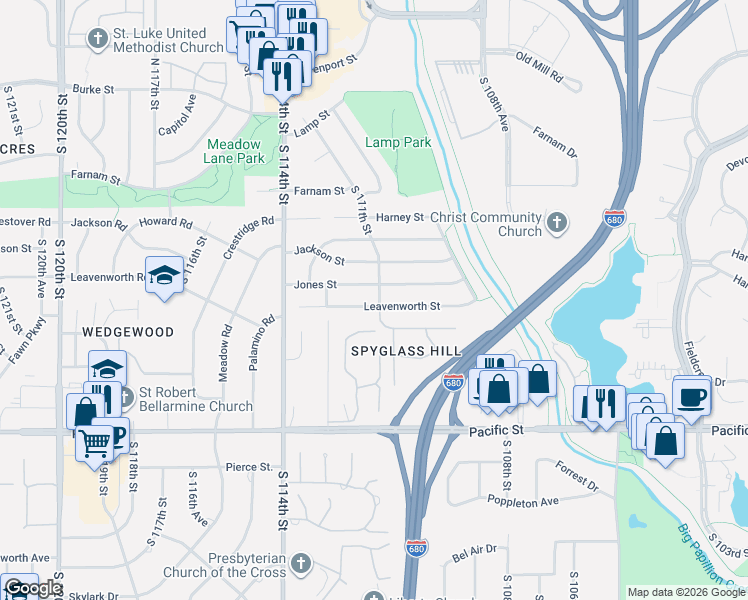 map of restaurants, bars, coffee shops, grocery stores, and more near 11106 Leavenworth Street in Omaha