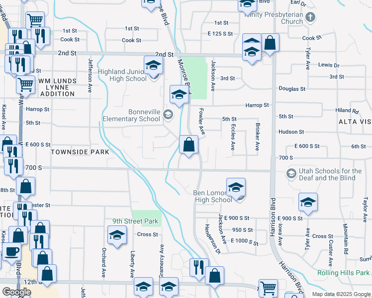 map of restaurants, bars, coffee shops, grocery stores, and more near 636 Gramercy Avenue in Ogden