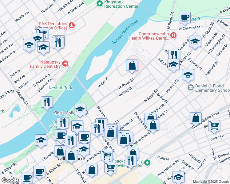 map of restaurants, bars, coffee shops, grocery stores, and more near 317 S River St in Wilkes-Barre