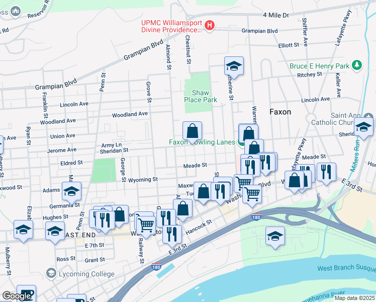map of restaurants, bars, coffee shops, grocery stores, and more near 1240-1298 Annie Alley in Williamsport