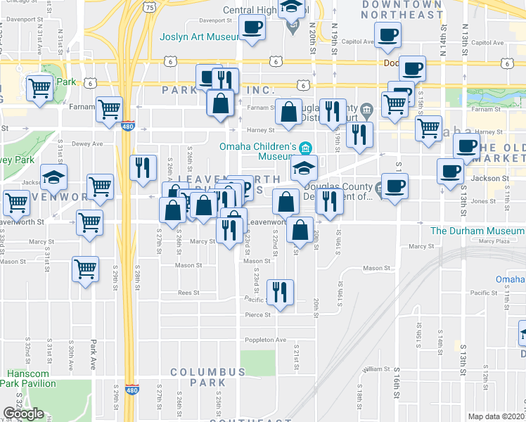 map of restaurants, bars, coffee shops, grocery stores, and more near 2221 Jones Street in Omaha