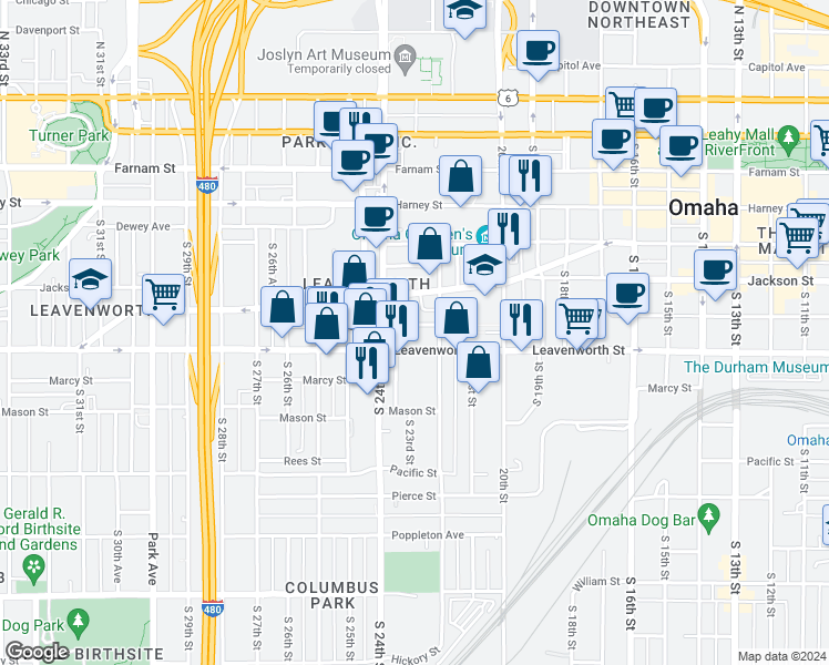 map of restaurants, bars, coffee shops, grocery stores, and more near 2221 Jones Street in Omaha