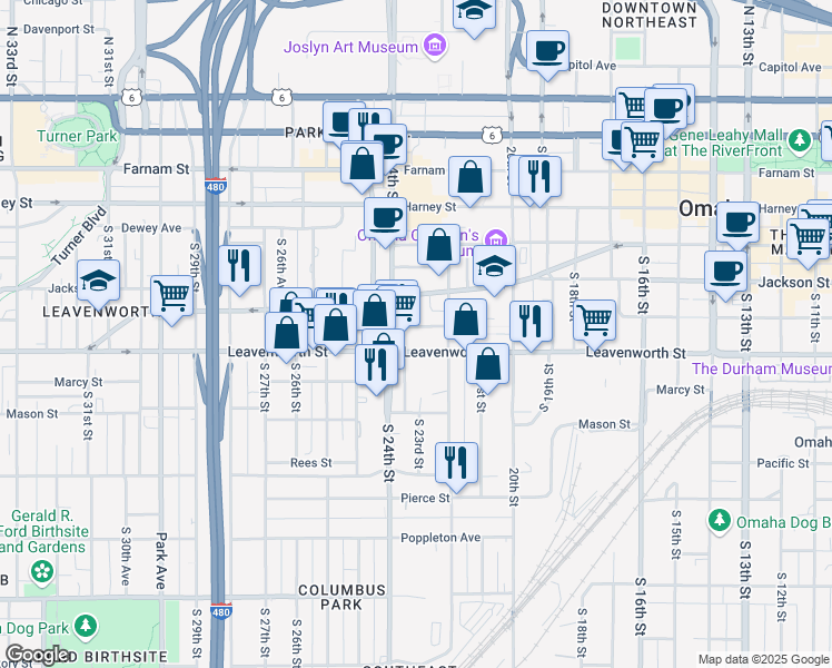 map of restaurants, bars, coffee shops, grocery stores, and more near 2221 Jones Street in Omaha