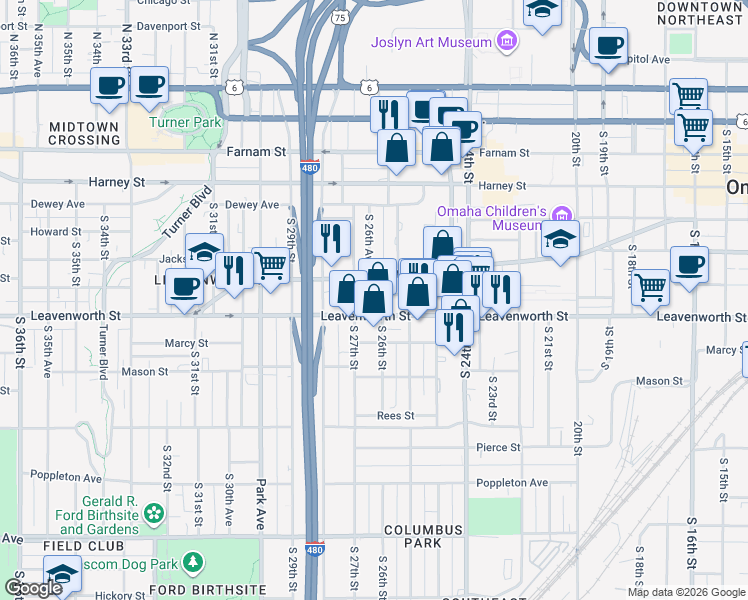 map of restaurants, bars, coffee shops, grocery stores, and more near in Omaha