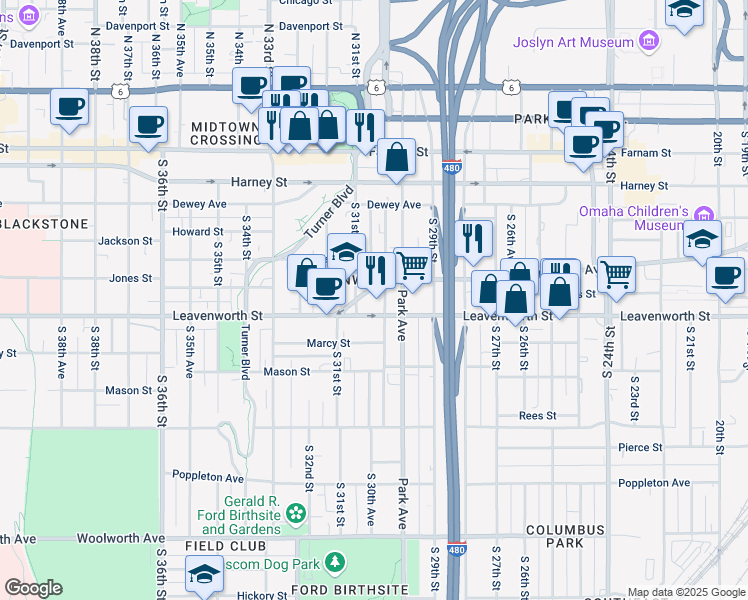 map of restaurants, bars, coffee shops, grocery stores, and more near 709 South 30th Street in Omaha