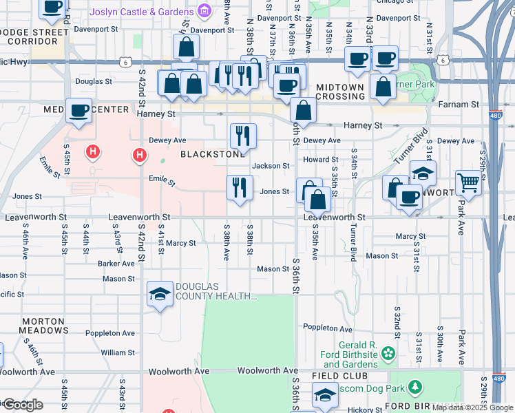map of restaurants, bars, coffee shops, grocery stores, and more near 715 South 38th Street in Omaha