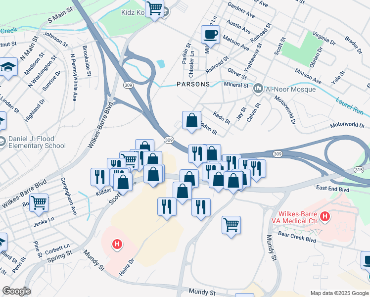 map of restaurants, bars, coffee shops, grocery stores, and more near Route 309 in Wilkes-Barre