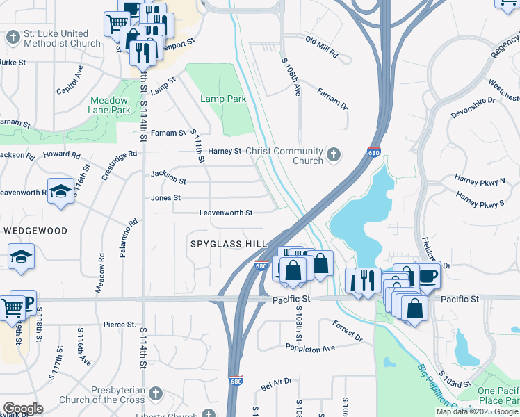 map of restaurants, bars, coffee shops, grocery stores, and more near 10922 Leavenworth Street in Omaha