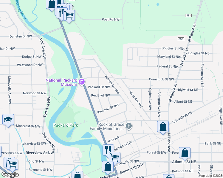 map of restaurants, bars, coffee shops, grocery stores, and more near 673 Packard Street Northwest in Warren