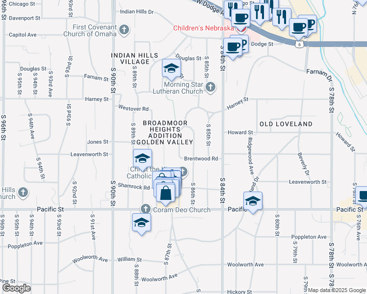 map of restaurants, bars, coffee shops, grocery stores, and more near 523 Brentwood Road in Omaha