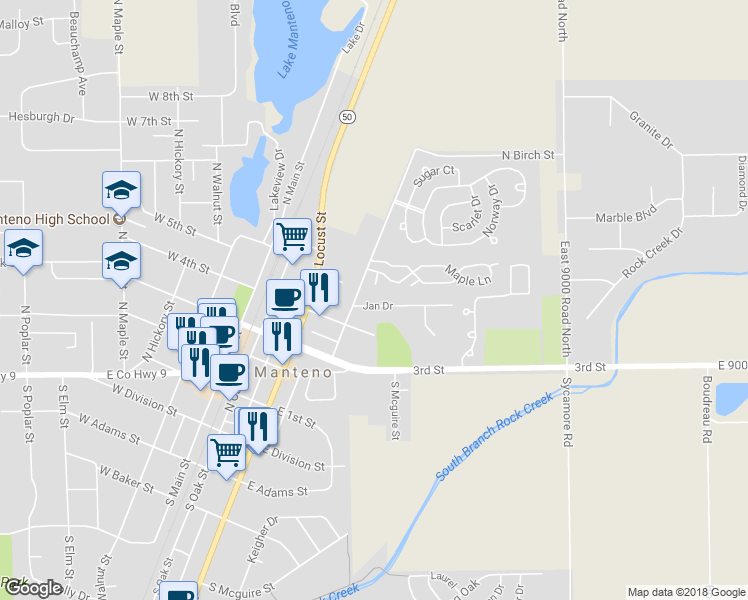 map of restaurants, bars, coffee shops, grocery stores, and more near 235 Jan Drive in Manteno