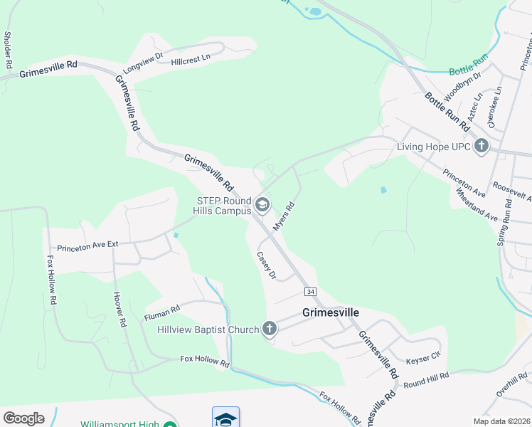 map of restaurants, bars, coffee shops, grocery stores, and more near 136 Grimesville Road in Williamsport