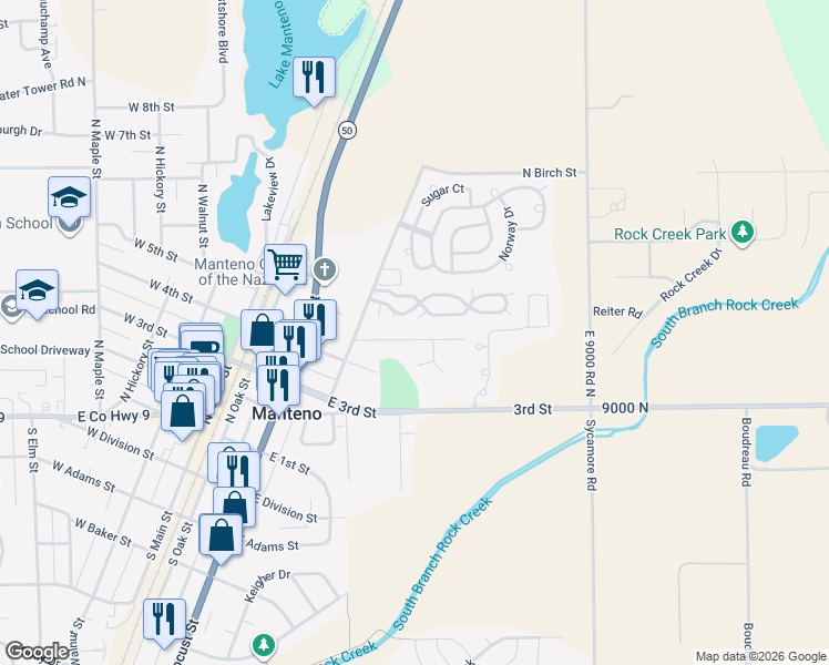 map of restaurants, bars, coffee shops, grocery stores, and more near 345 Jan Drive in Manteno
