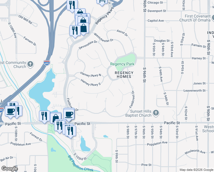 map of restaurants, bars, coffee shops, grocery stores, and more near 9906 Broadmoor Road in Omaha