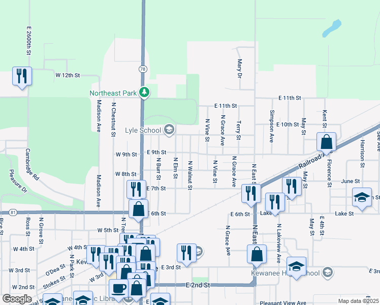 map of restaurants, bars, coffee shops, grocery stores, and more near 400 East 9th Street in Kewanee