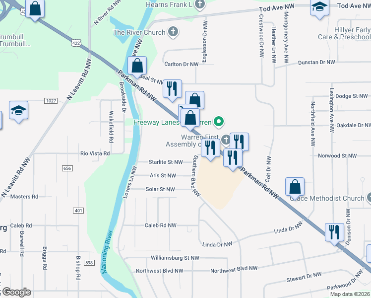 map of restaurants, bars, coffee shops, grocery stores, and more near 1931 Southern Boulevard Northwest in Warren