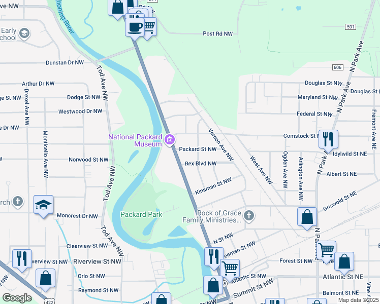 map of restaurants, bars, coffee shops, grocery stores, and more near 833 Packard Street Northwest in Warren