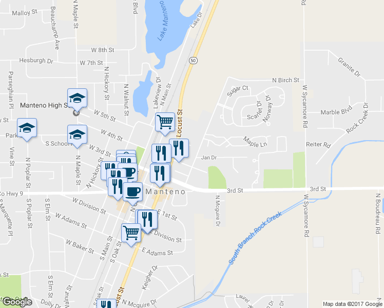map of restaurants, bars, coffee shops, grocery stores, and more near 447 North Birch Street in Manteno