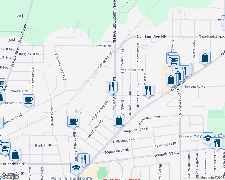 map of restaurants, bars, coffee shops, grocery stores, and more near 1741 Larchmont Avenue Northeast in Warren